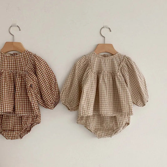 Baby Girls Suit 2022 Baby Girls Clothes Little Plaid Infant Girls Clothes Set Puff Sleeve Blouse + Bloomer 2pcs Toddler Clothes