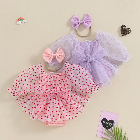 0-18M Baby Girls Heart Print Romper Dress Valentine's Day Puff Long Sleeve Mesh Tulle Bodysuits and Headband Sets Infant Clothes